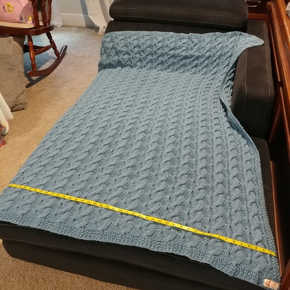 Vintage Hand Knit Blanket Crochet Cable Knit Blanket Large 61"×57" Blue Handmade - Picture 14 of 16